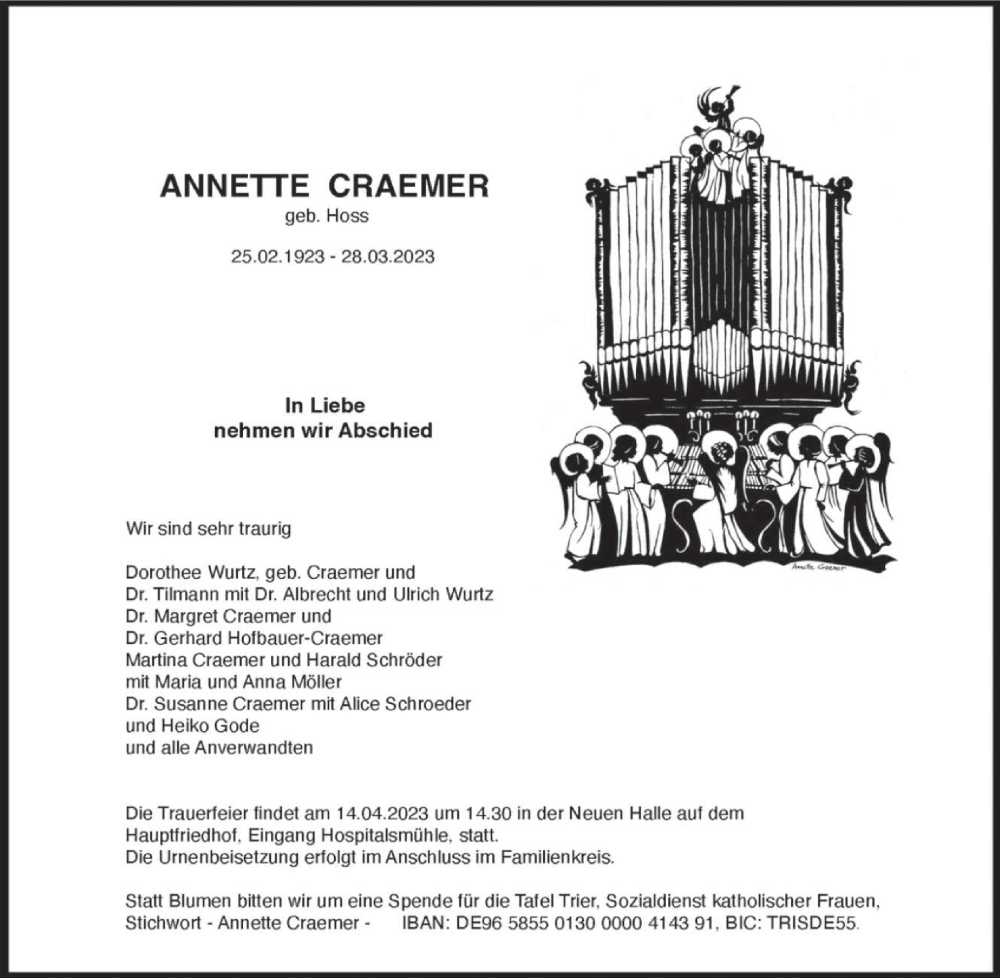  Traueranzeige für Annette Craemer vom 12.04.2023 aus trierischer_volksfreund