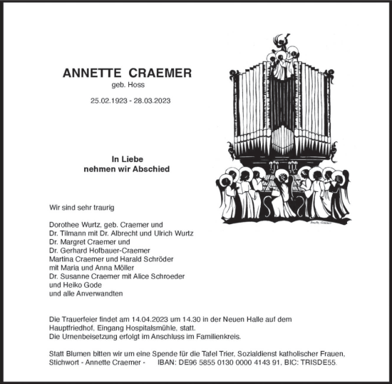 Traueranzeige von Annette Craemer von trierischer_volksfreund
