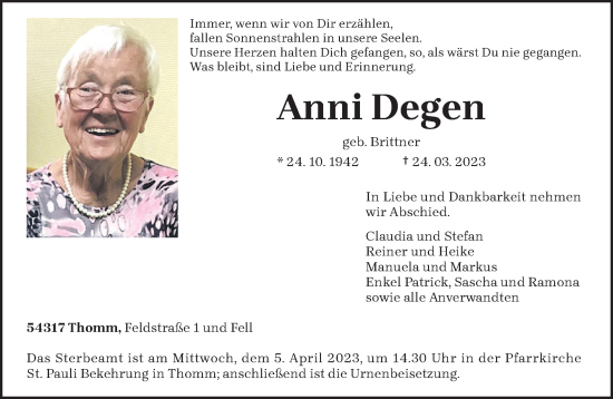 Traueranzeige von Anni Degen von trierischer_volksfreund