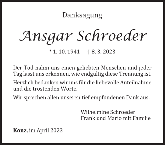 Traueranzeige von Ansgar Schroeder von trierischer_volksfreund