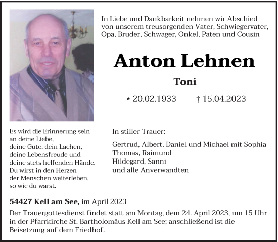 Traueranzeige von Anton Lehnen von trierischer_volksfreund