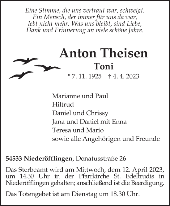 Traueranzeige von Anton Theisen von trierischer_volksfreund