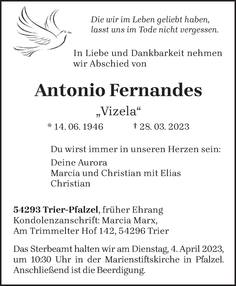  Traueranzeige für Antonio Fernandes vom 01.04.2023 aus trierischer_volksfreund