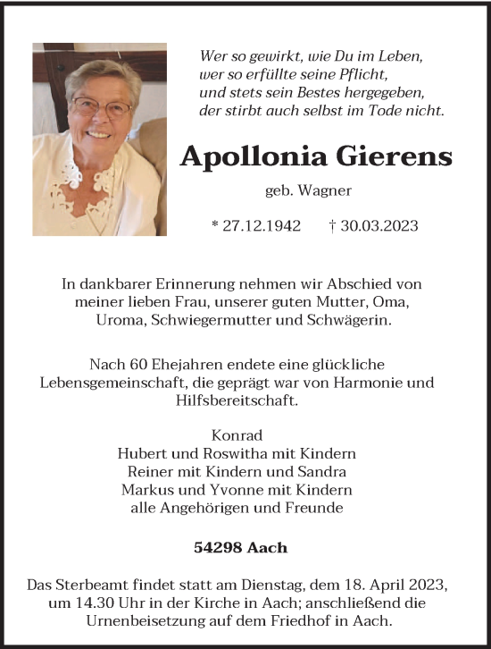 Traueranzeige von Apollonia Gierens von trierischer_volksfreund