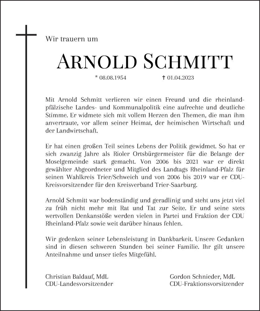  Traueranzeige für Arnold Schmitt vom 08.04.2023 aus trierischer_volksfreund