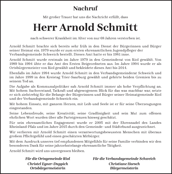 Traueranzeige von Arnold Schmitt von trierischer_volksfreund