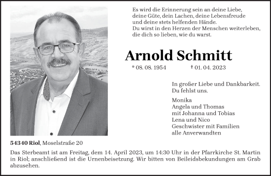 Traueranzeige von Arnold Schmitt von trierischer_volksfreund