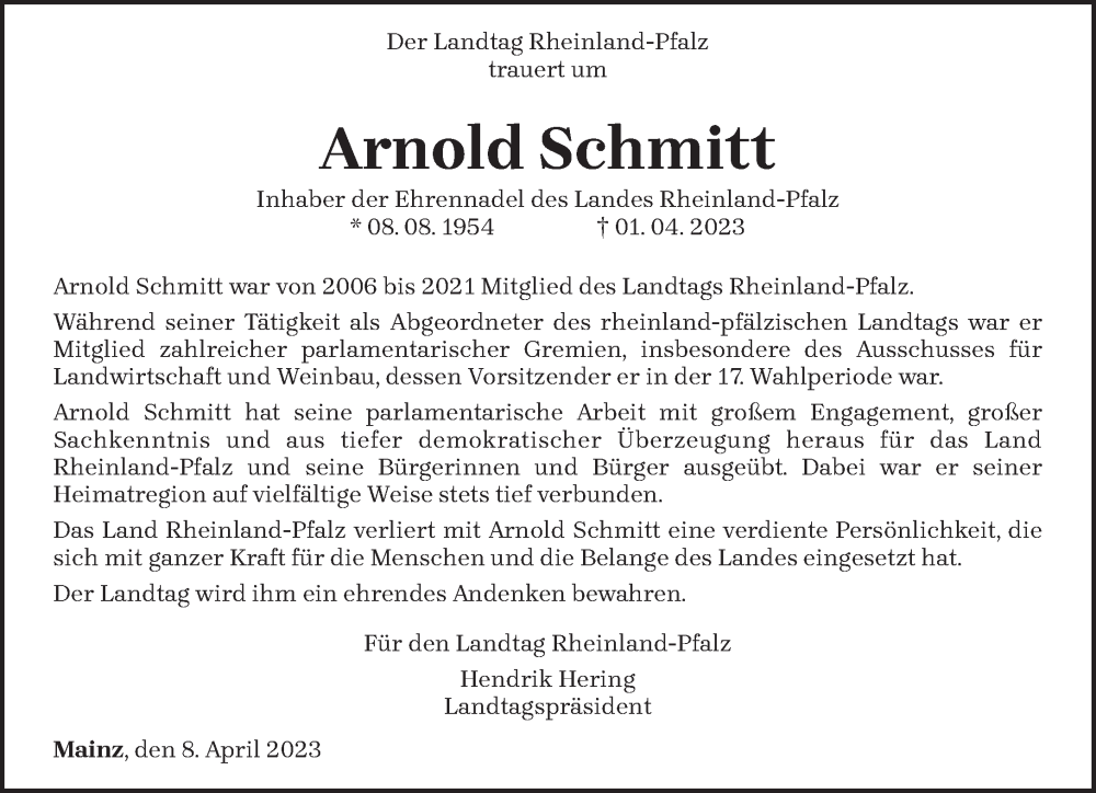  Traueranzeige für Arnold Schmitt vom 08.04.2023 aus trierischer_volksfreund