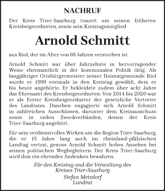 Traueranzeige von Arnold Schmitt von trierischer_volksfreund