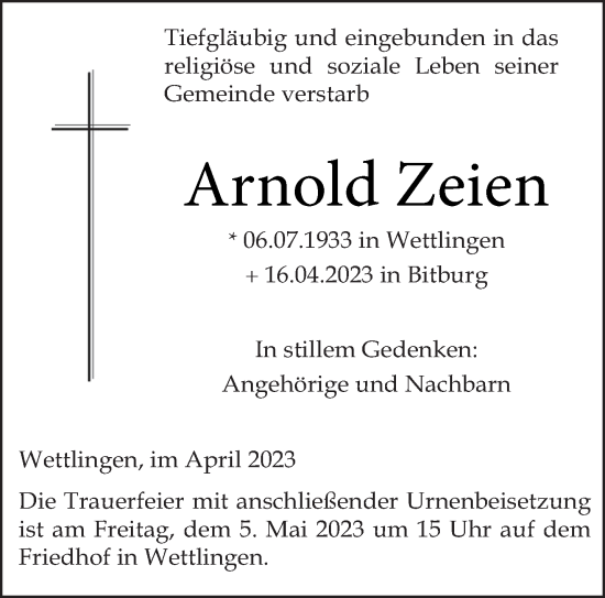 Traueranzeige von Arnold Zeien von trierischer_volksfreund