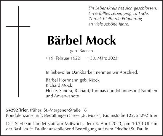 Traueranzeige von Bärbel Mock von trierischer_volksfreund