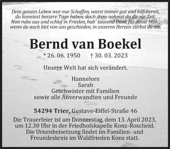Traueranzeige von Bernd van Boekel von trierischer_volksfreund