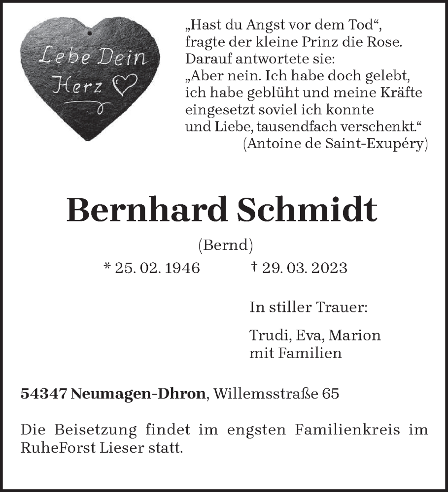  Traueranzeige für Bernhard Schmidt vom 01.04.2023 aus trierischer_volksfreund