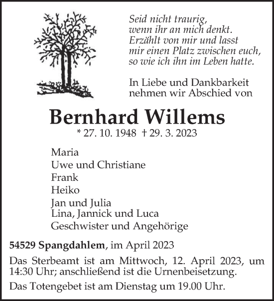 Traueranzeige von Bernhard Willems von trierischer_volksfreund