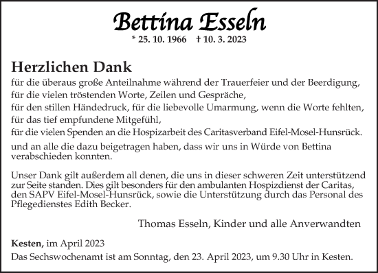 Traueranzeige von Bettina Esseln von trierischer_volksfreund