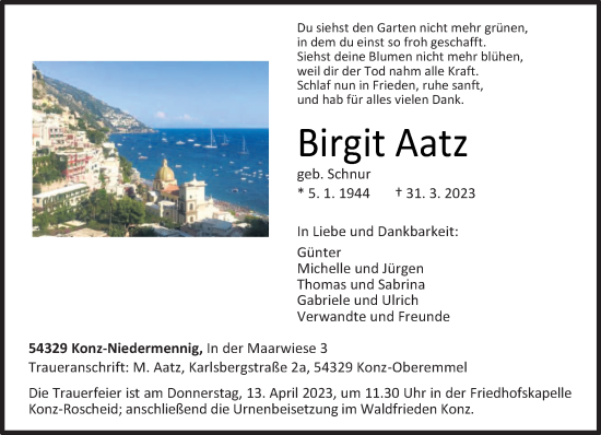 Traueranzeige von Birgit Aatz von trierischer_volksfreund