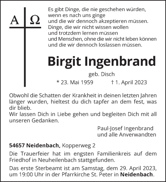 Traueranzeige von Birgit Ingenbrand von trierischer_volksfreund