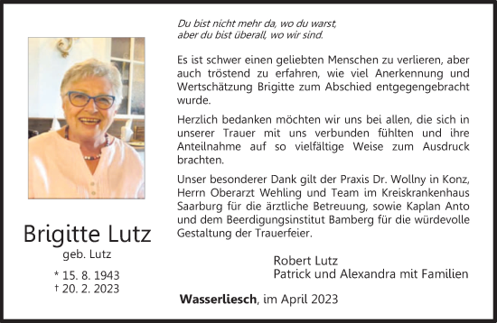 Traueranzeige von Brigitte Lutz von trierischer_volksfreund