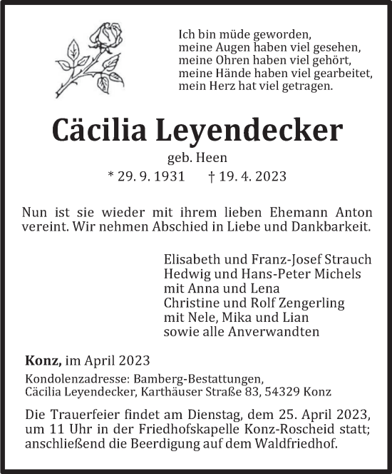 Traueranzeige von Cäcilia Leyendecker von trierischer_volksfreund