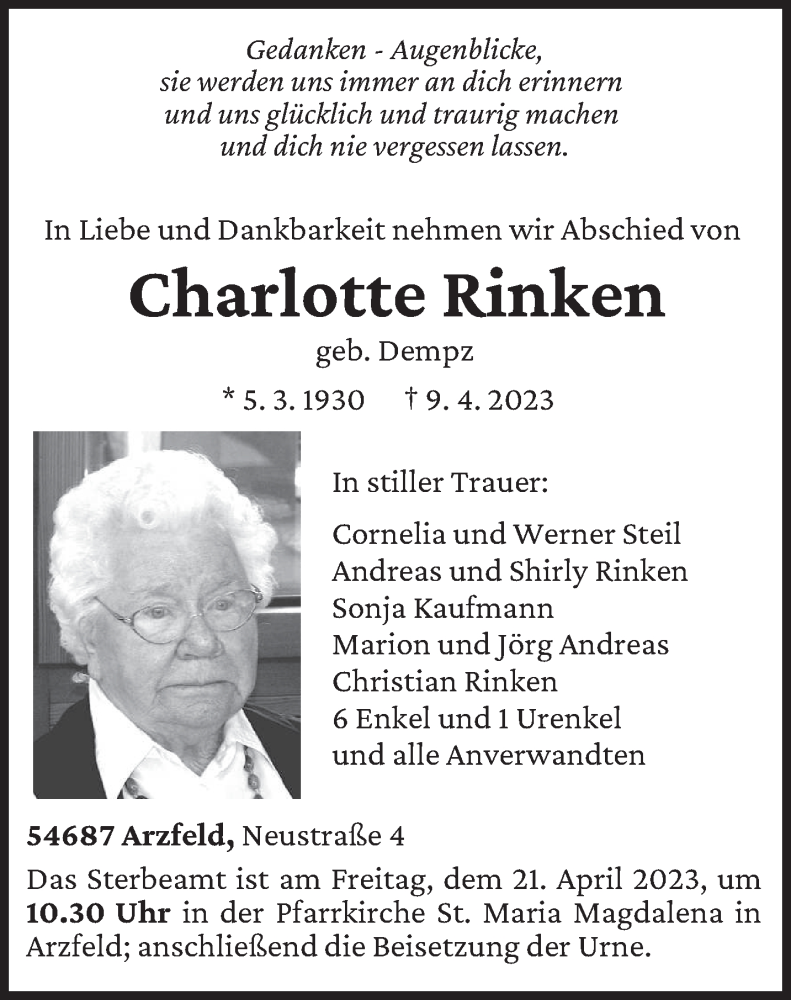  Traueranzeige für Charlotte Rinken vom 15.04.2023 aus trierischer_volksfreund