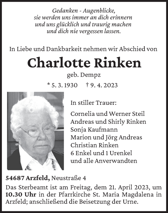Traueranzeige von Charlotte Rinken von trierischer_volksfreund