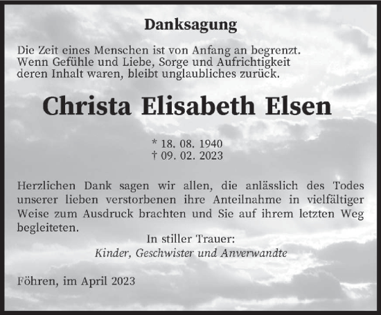 Traueranzeige von Christa Elisabeth Elsen von trierischer_volksfreund