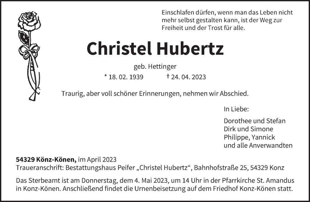  Traueranzeige für Christel Hubertz vom 29.04.2023 aus trierischer_volksfreund