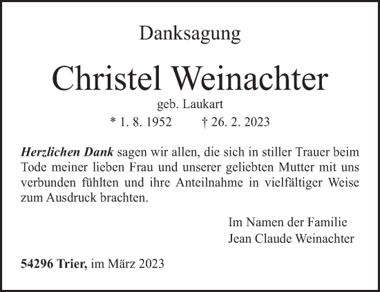 Traueranzeige von Christel Weinachter von trierischer_volksfreund