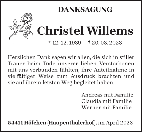 Traueranzeige von Christel Willems von trierischer_volksfreund