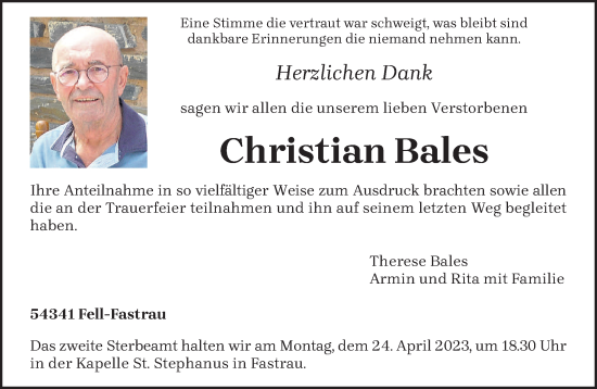 Traueranzeige von Christian Bales von trierischer_volksfreund