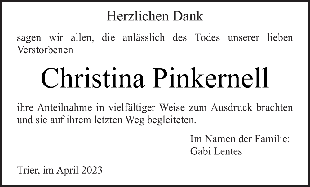  Traueranzeige für Christina Pinkernell vom 15.04.2023 aus trierischer_volksfreund