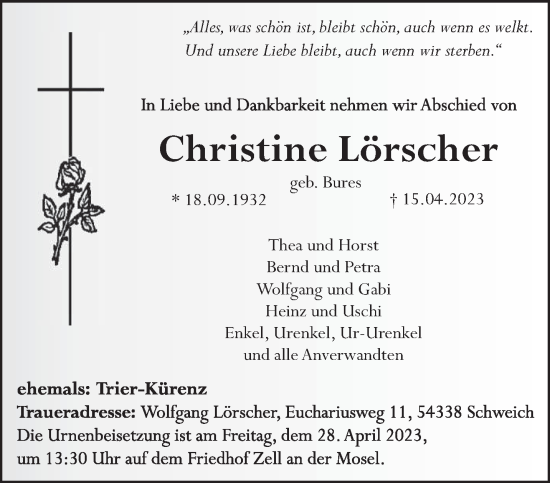 Traueranzeige von Christine Lörscher von trierischer_volksfreund