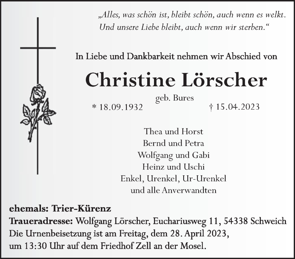  Traueranzeige für Christine Lörscher vom 22.04.2023 aus trierischer_volksfreund