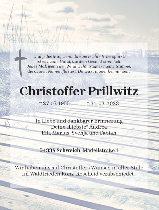 Traueranzeige von Christoffer Prillwitz von trierischer_volksfreund