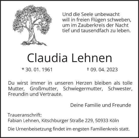 Traueranzeige von Claudia Lehnen von trierischer_volksfreund