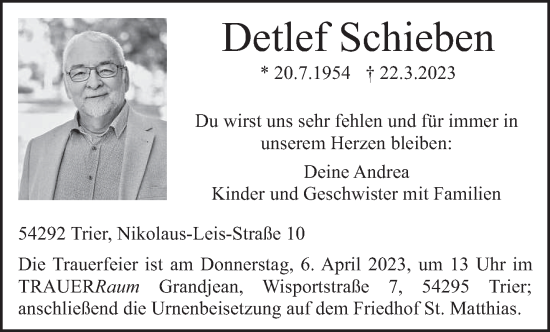 Traueranzeige von Detlef Schieben von trierischer_volksfreund