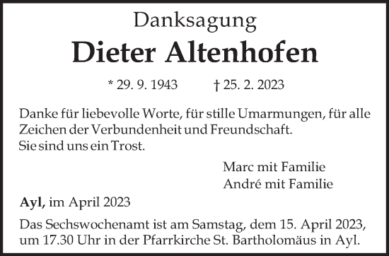 Traueranzeige von Dieter Altenhofen von trierischer_volksfreund