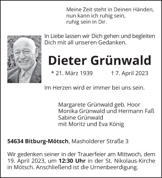 Traueranzeige von Dieter Grünwald von trierischer_volksfreund
