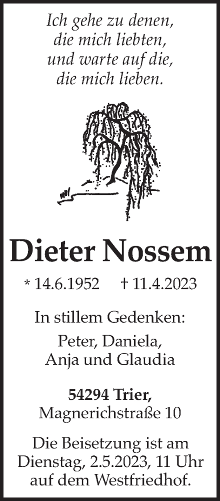  Traueranzeige für Dieter Nossem vom 29.04.2023 aus trierischer_volksfreund
