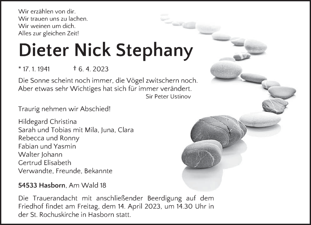 Traueranzeige für Dieter Nick Stephany vom 12.04.2023 aus trierischer_volksfreund