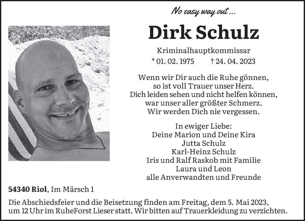  Traueranzeige für Dirk Schulz vom 29.04.2023 aus trierischer_volksfreund