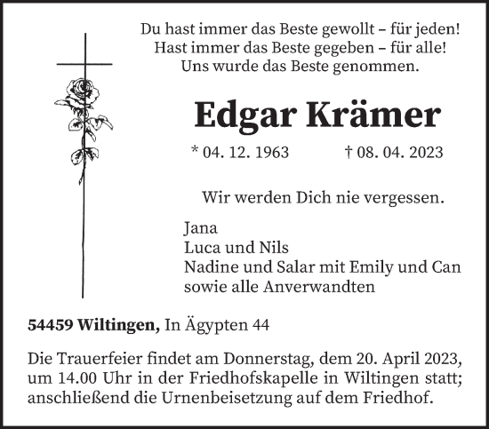 Traueranzeige von Edgar Krämer von trierischer_volksfreund
