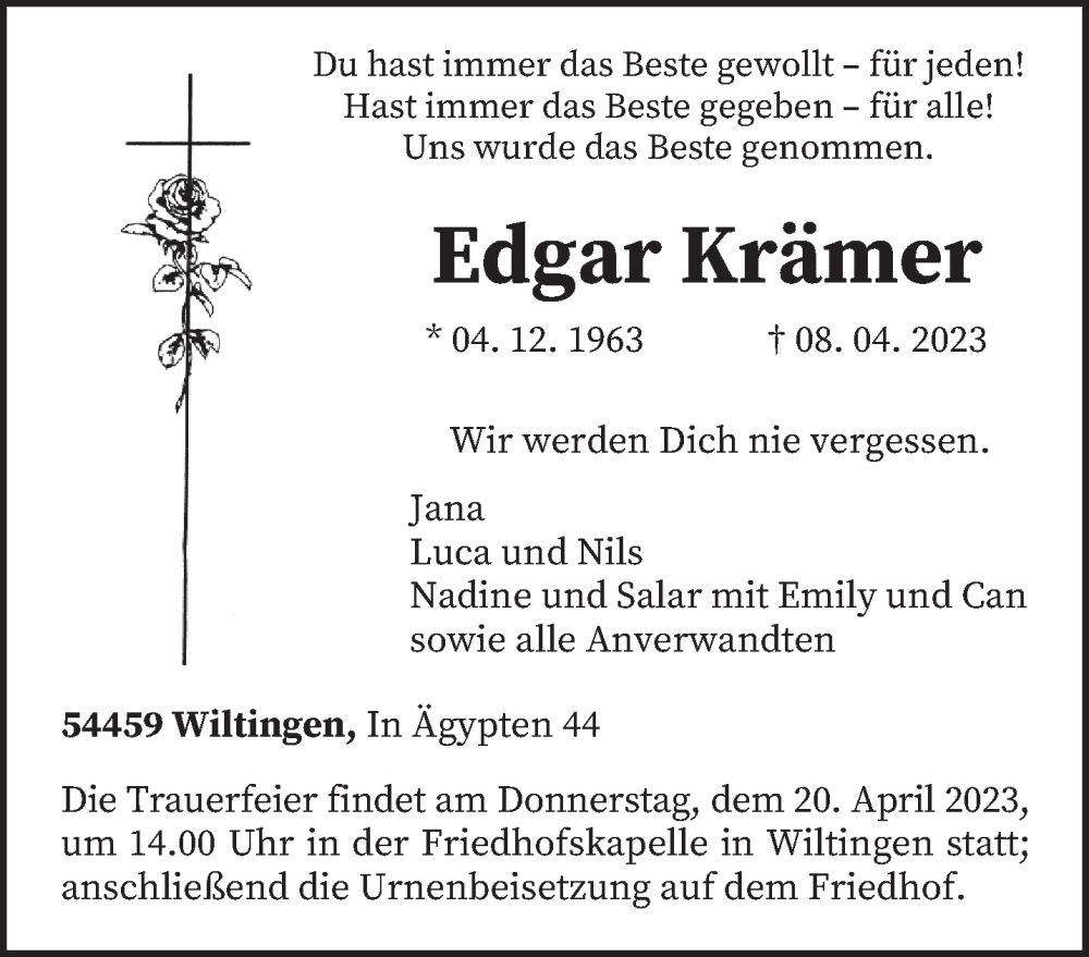  Traueranzeige für Edgar Krämer vom 15.04.2023 aus trierischer_volksfreund