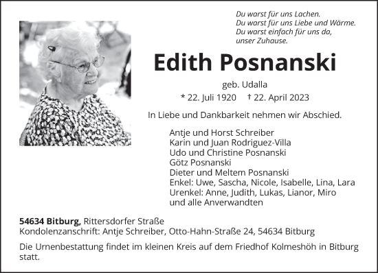 Traueranzeige von Edith Posnanski von trierischer_volksfreund