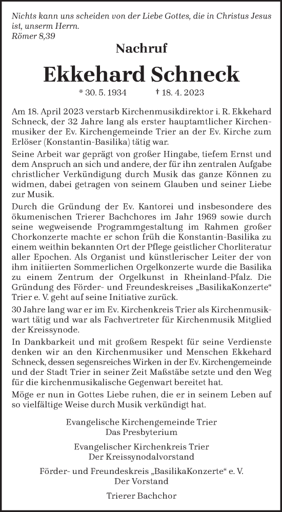 Traueranzeige von Ekkehard Schneck von trierischer_volksfreund