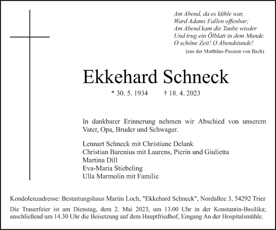 Traueranzeige von Ekkehard Schneck von trierischer_volksfreund