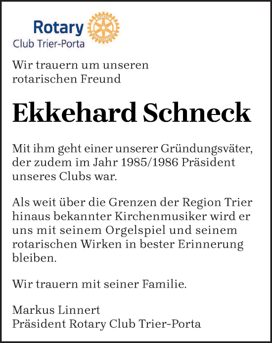 Traueranzeige von Ekkehard Schneck von trierischer_volksfreund