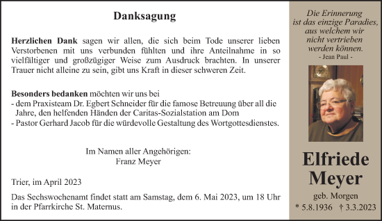 Traueranzeige von Elfriede Meyer von trierischer_volksfreund
