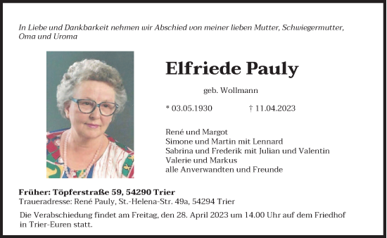 Traueranzeige von Elfriede Pauly von trierischer_volksfreund
