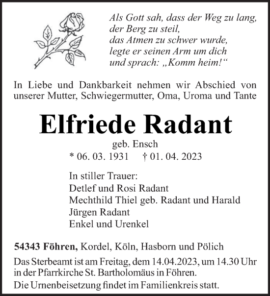 Traueranzeige von Elfriede Radant von trierischer_volksfreund